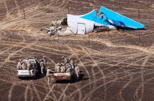 01 Nov 2015, Egypt --- EGYPT. NOVEMBER 1, 2015. Wreckage at the site where a Russian aircraft crashed in Egypt's Sinai Peninsula near El Arish city. Kogalymavia Airbus A321 came down in central Sinai as it traveled from Sharm el-Sheikh to St Petersburg, killing all 217 passengers and 7 crew members on board. Maxim Grigoryev/TASS --- Image by © Maxim Grigoryev/ITAR-TASS Photo/Corbis