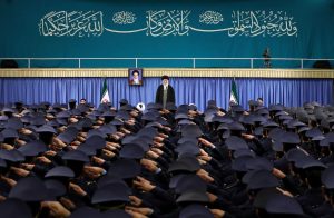 Supreme Leader Ayatollah Ali Khamenei stands as air force commanders salute during their meeting in Tehran, Iran, Tuesday, Feb. 7, 2017. Office of the Iranian Supreme Leader/AP